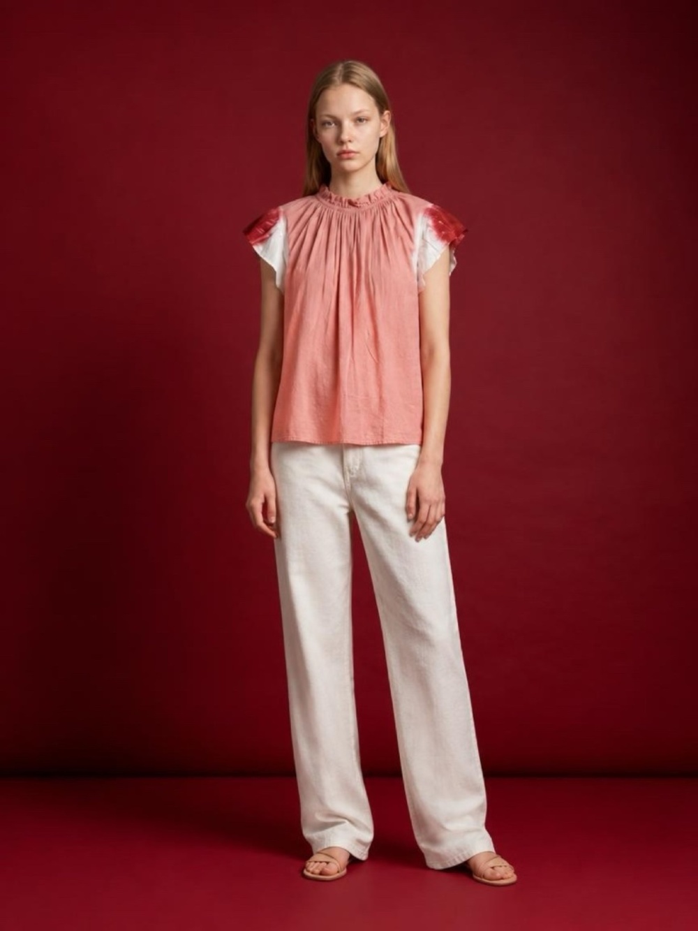 NWT THML Boutique Coral Ombre Ruffle Sleeve Top (S)